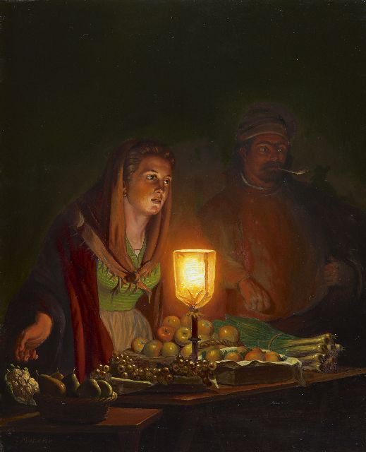 Johannes Rosierse | Abendmarkt mit Obst- und Gemüseverkäufern, Öl auf Holz, 31,0 x 25,8 cm, Unterzeichnet u.l.
