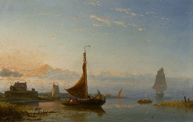 Nicolaas Riegen | Ships on the Zuiderzee at sunset, Öl auf Holz, 22,5 x 35,6 cm, signed l.l.