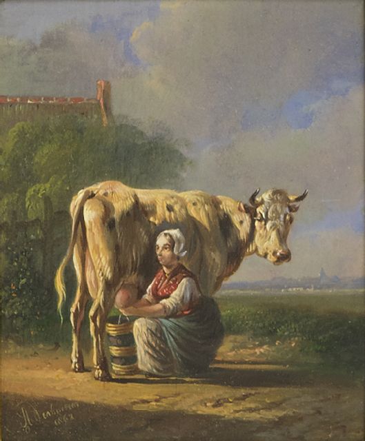 Albertus Verhoesen | Melkerin, Öl auf Holz, 12,5 x 10,4 cm, Unterzeichnet l.u. und datiert 1863