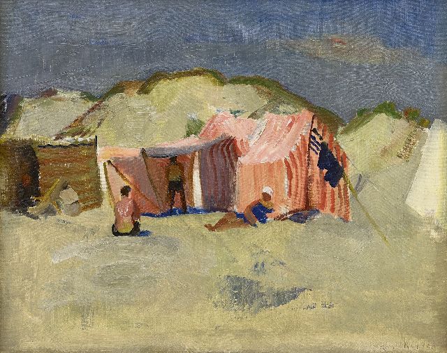 Harrie Kuijten | Strand mit Zelten und Bädern, Öl auf Leinwand, 34,3 x 43,3 cm, Unterzeichnet u.r.