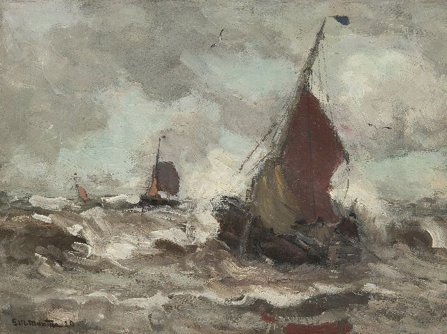 Munthe G.A.L.  | Fischerboote in der Brandung, Öl auf Leinwand 30,6 x 40,6 cm, Unterzeichnet l.u. und datiert '20
