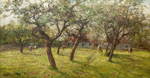 Evert Pieters | Cattle grazing by the cherry blossom, Öl auf Leinwand, 80,0 x 148,6 cm, signed l.l.