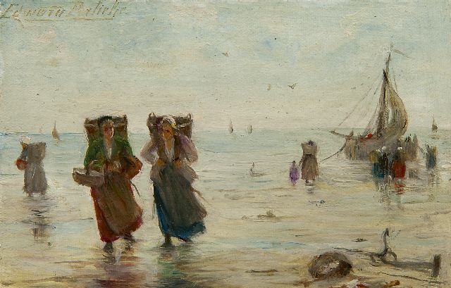 Edward Portielje | Fischerfrauen auf dem Strand, Öl auf Leinwand, 9,4 x 14,7 cm, Unterzeichnet l.o.