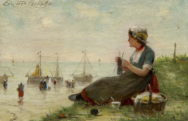 Edward Portielje | Stricken am Strand, Öl auf Leinwand, 9,4 x 14,8 cm, Unterzeichnet l.o.