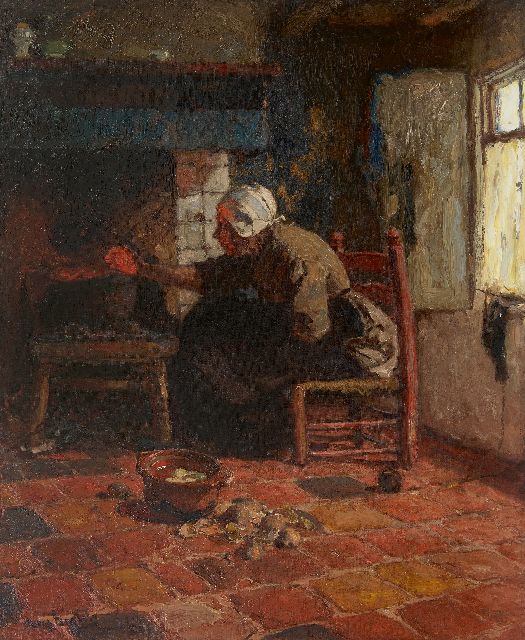 Hans von Bartels | Frau aus Katwijk am Kaminfeuer, Öl auf Leinwand, 67,3 x 55,0 cm, Unterzeichnet l.u.