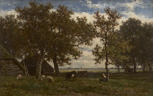 Willem Roelofs | Bauernlandschaft in Drente mit Hirtin, Kühen und Schafen, Öl auf Holz, 23,2 x 36,0 cm, Unterzeichnet l.u. und zu datieren um 1861-1867