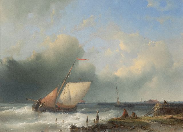 Abraham Hulk | Kreuzende Segelboote vor der Küste, Öl auf Holz, 26,6 x 36,2 cm, Unterzeichnet r.u.