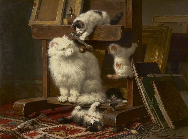 Henriette Ronner | Katzenfamilie in einem Atelier, Öl auf Holz, 54,5 x 72,0 cm, Unterzeichnet r.u. und datiert 1878