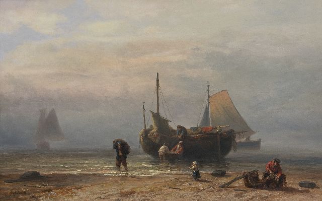 Israëls J.  | Holländisches Fischerboot am Strand (vielleicht Zandvoort), Öl auf Holz 45,0 x 72,1 cm, Unterzeichnet u.l. und im Vero auf Etikett