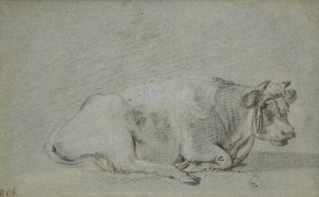 Barend Cornelis Koekkoek | Studie von einer ruhende Kuh, Kreide auf gefärbtem Papier, 13,2 x 21,0 cm, Unterzeichnet u.l. mit Initialen