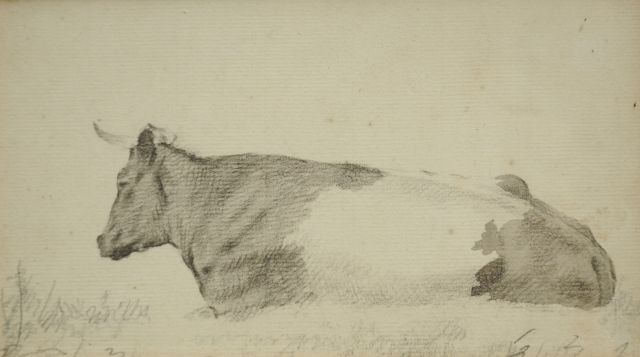 Barend Cornelis Koekkoek | Studie einer ruhende Kuh, Kreide und Aquarell auf Papier, 10,1 x 18,2 cm