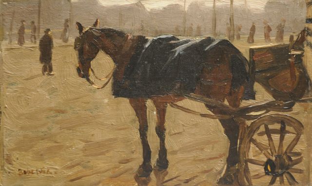 Felicien Bobeldijk | Wartendes Pferd vor einer Kutsche, Öl auf Leinwand  auf Holzfaser, 13,4 x 22,0 cm, Unterzeichnet l.u.