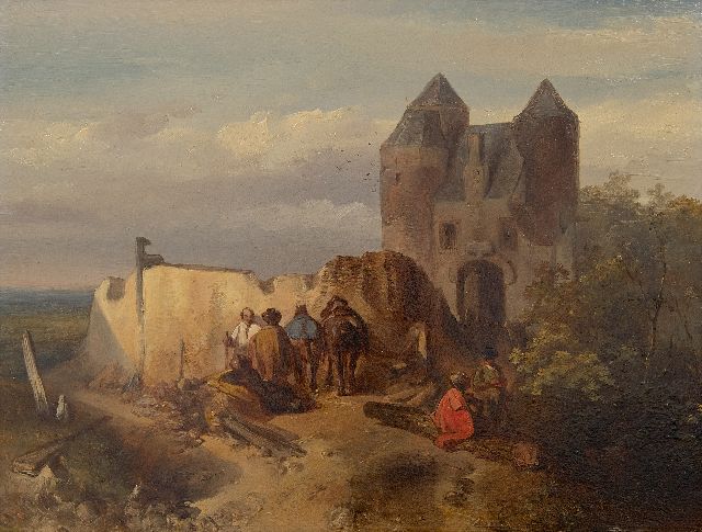 Charles Rochussen | Landschaft mit Reisenden vor Ruine, Öl auf Holz, 25,5 x 33,5 cm, Unterzeichnet l.u. und datiert '42