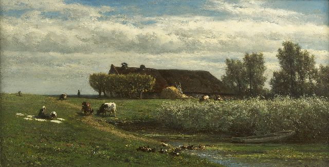 Willem Roelofs | Polderlandschaft mit Bäuerin auf der Bleiche, Öl auf Holz, 23,0 x 45,1 cm, Unterzeichnet r.u.