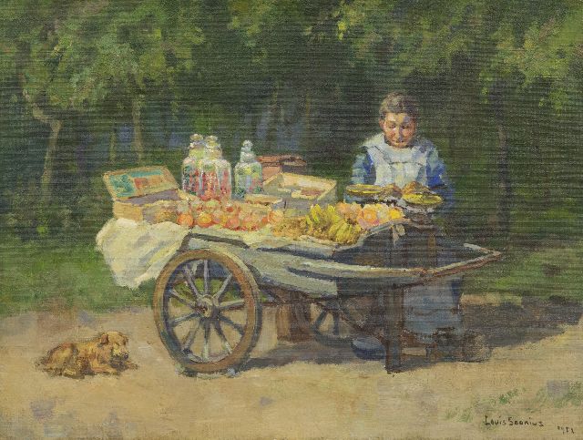Soonius L.  | Strassenverkäuferin mit Obst und Süssigkeiten, Öl auf Leinwand 30,5 x 40,5 cm, Unterzeichnet r.u. und datiert 1952