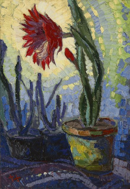 Kruysen J.  | Blühender Kaktus, Öl auf Malereifaser 60,8 x 43,0 cm, Unterzeichnet l.u. mit Monogramm