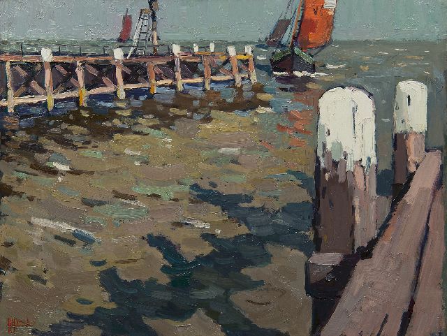 Hynckes R.  | Hafeneinfahrt bei Volendam, Öl auf Holz 41,8 x 56,0 cm, Unterzeichnet u.l.