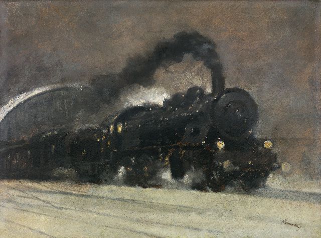 Jaroslav Ronek | Abfahrende Dampflokomotive, Öl auf Malereifaser, 44,5 x 59,6 cm, Unterzeichnet r.u.