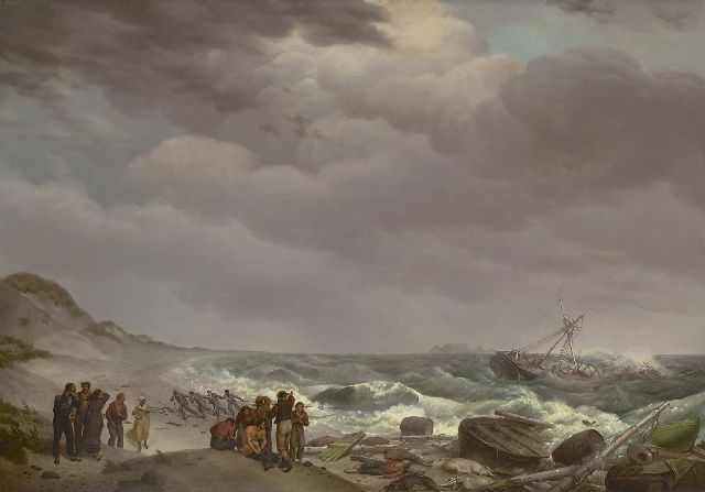 Koekkoek J.H.  | Schiffbruch bei der Tsarenbank, Süd-Afrika, in der Ferne der 'Tafelberg', Öl auf Holz 57,4 x 82,8 cm, Unterzeichnet u.r. und datiert 1824 (unklar)