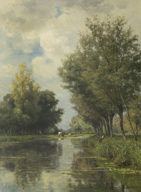 Jan Willem van Borselen | Sommerliche Polderlandschaft mit Anglern, Öl auf Leinwand, 100,1 x 73,0 cm, Unterzeichnet r.u.