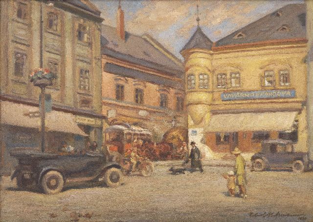 Hofmann R.  | Marktplatz in Kroměříž mit dem berühmten Kaffeehaus Kavárna Brándova, Öl auf Malereifaser 38,3 x 53,0 cm, Unterzeichnet u.l. und datiert 1930