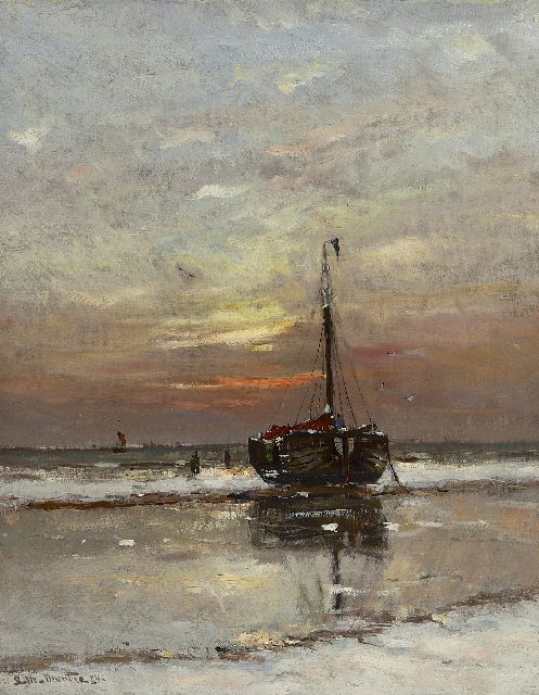 Munthe G.A.L.  | 'Bom'kahn auf dem Strand bei Sonnenuntergang, Öl auf Leinwand 50,8 x 40,7 cm, Unterzeichnet l.u. und datiert '24