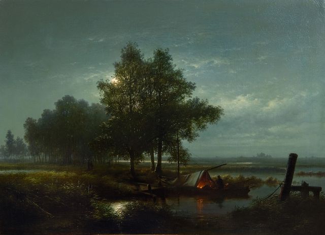 Winter L. de | Wasserlandschaft mit Fischern, im Mondlicht, Öl auf Leinwand 61,7 x 85,8 cm, Unterzeichnet l.u. und datiert 1850