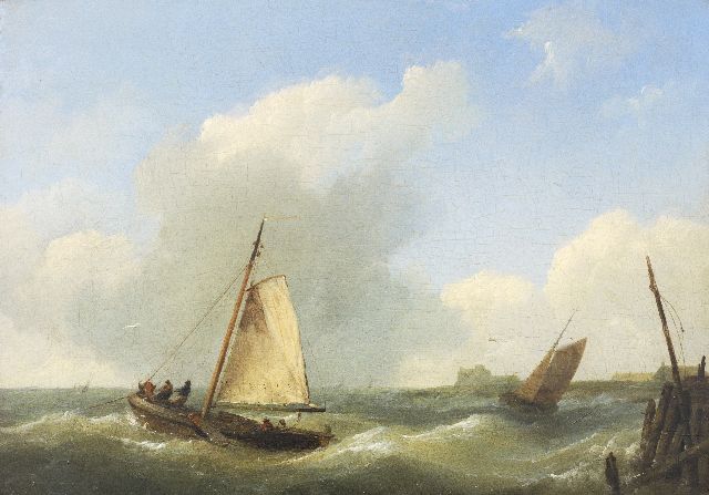Hermanus Koekkoek | Fischerboote auf unruhigem Wasser bei Vlissingen, Öl auf Tafel, 17,0 x 23,5 cm, Unterzeichnet u.r. mit Initialen