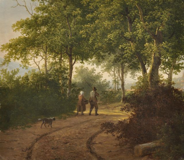 Jacobus van der Stok | Waldpfad mit Ehepaar und Hund, Öl auf Leinwand auf Holz, 24,3 x 27,6 cm