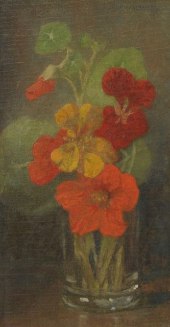 Marie Wandscheer | Nasturtiuen in einer gläsernen Vase, Öl auf Holz, 24,3 x 13,4 cm, Unterzeichnet r.o.
