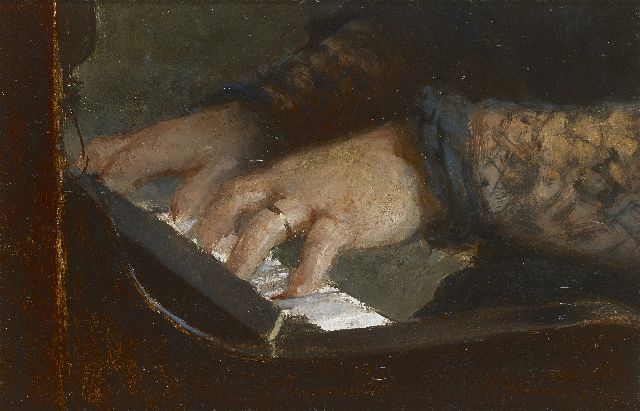Albert Lang | Klavierspielende Marie Lang, Frau des Malers, Öl auf Holzfaser, 14,1 x 21,1 cm