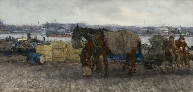 Johan Hendrik van Mastenbroek | Mittagspause im Rotterdamer Hafen, Aquarell auf Papier, 46,5 x 91,0 cm, Unterzeichnet u.r. und datiert 1903