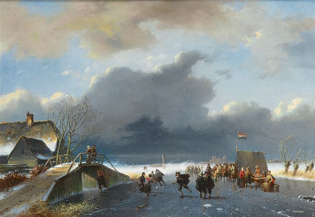 Roosenboom / Verboeckhoven Nicolaas Johannes / Eugène  | Eisvergnügen bei einer 'koek-en-zopie'-Bude  (Die Figuren stammen von Eugène Verboeckhoven), Öl auf Leinwand 48,0 x 68,0 cm