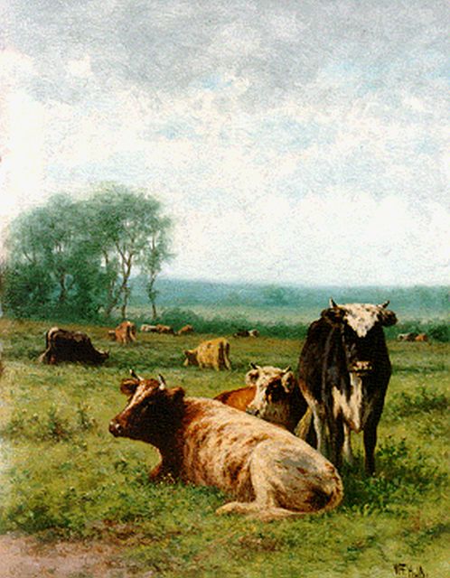 Hulk W.F.  | Cows in a meadow, Öl auf Holz 30,5 x 23,2 cm, signed l.r.