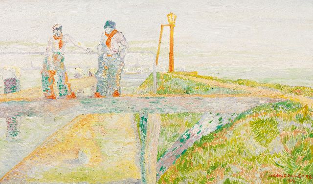 Collette J.N.C.  | Fischer auf dem Deich, Öl auf Holzfaser 45,7 x 76,6 cm, Unterzeichnet u.r. und datiert 1914