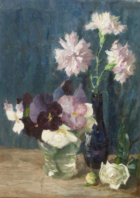 Willem Vaarzon Morel | Blumenstilleben mit Nelken und Veilchen, Öl auf Leinwand, 36,4 x 28,5 cm, Unterzeichnet o.r.