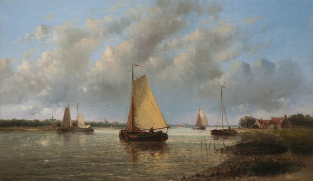 Hendrik Hulk | Holländischer Flussansicht mit Segelboote, Öl auf Leinwand, 34,4 x 57,6 cm, Unterzeichnet u.r.