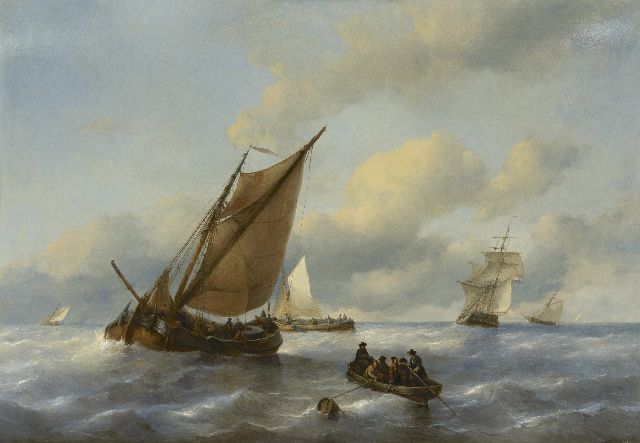 Antonie Waldorp | Kreuzende Plattboden Boote und eine Brigg vor der Küste, Öl auf Holz, 82,4 x 117,0 cm, Unterzeichnet auf dem Spiegel des Ruderbootes