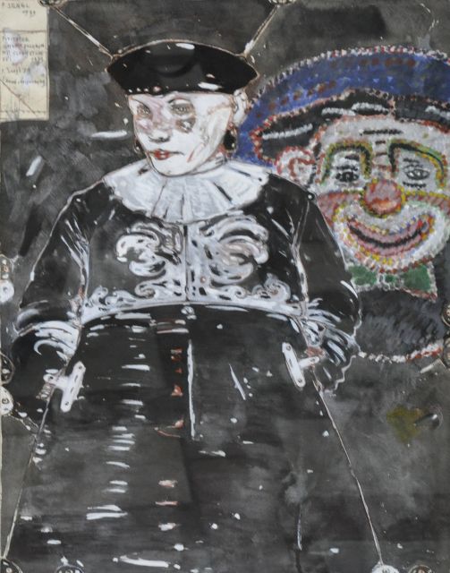 Peter Sengl | Fixierter Schwarzclown mit Clownstickerei, Gouache auf Papier, 60,5 x 46,7 cm, Unterzeichnet o.l. und datiert 1979