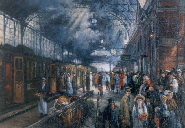 Hans von Faber du Faur | Travellers on the platform of Hollands Spoor, The Hague, Öl auf Leinwand, 34,4 x 48,5 cm, signed l.l.