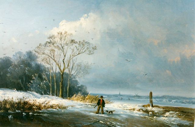 Jacobus Henricus Mulder | A hunter on a frozen river, Öl auf Holz, 17,1 x 23,6 cm
