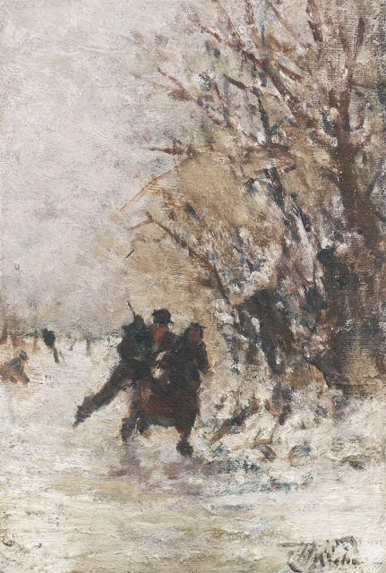 Henri van Seben | Eisläuferpaar in einer Winterlandschaft, Öl auf Leinwand auf Holz, 17,4 x 11,7 cm, Unterzeichnet u.r.