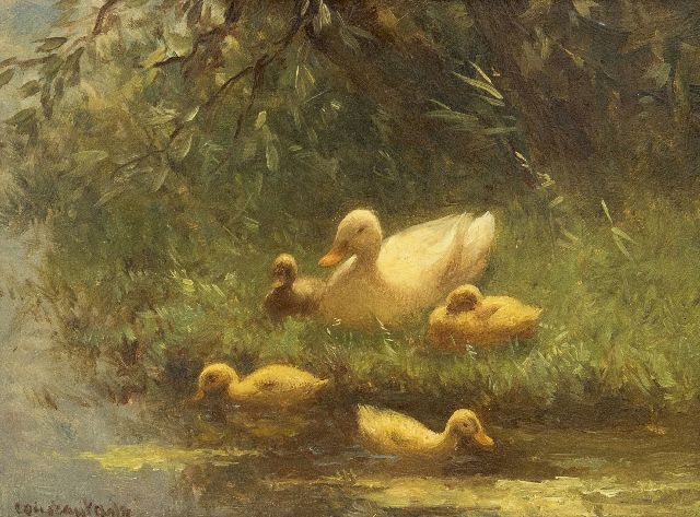Artz C.D.L.  | Entenmutter mit Küken am Ufer, Öl auf Holz 17,8 x 24,1 cm, Unterzeichnet u.L.