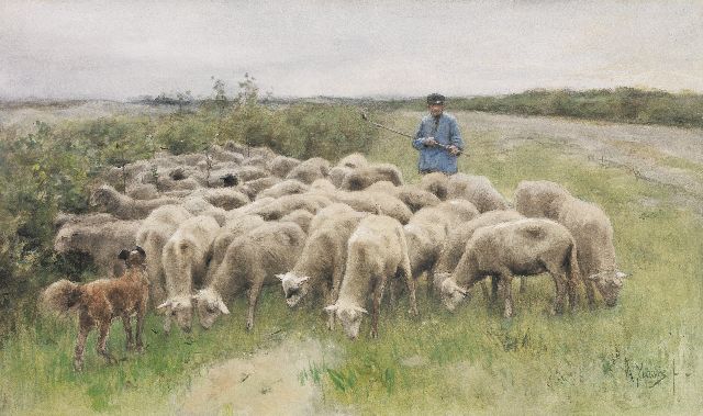 Anton Mauve | Schäfer mit seiner Herde af der Larener Heide, Aquarell auf Papier, 55,3 x 91,0 cm, Unterzeichnet u.r.
