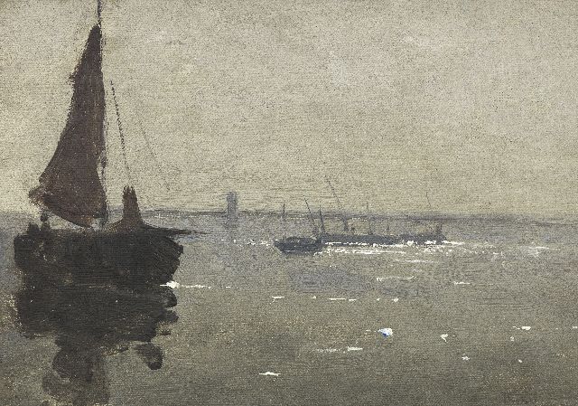 Willem Bastiaan Tholen | Früher Morgen auf dem Wasser, Öl auf Leinwand auf Holz, 15,8 x 22,1 cm, Unterzeichnet r.u.