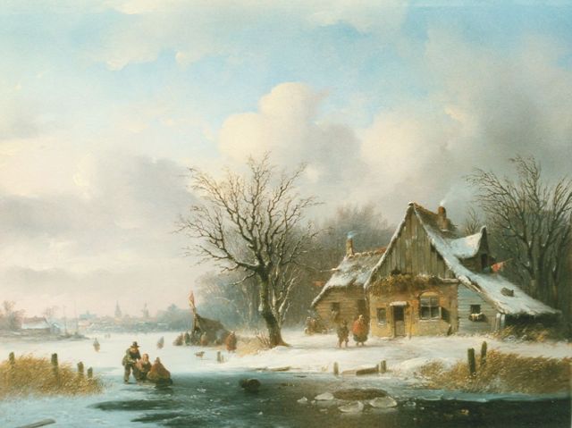 Jacobus van der Stok | Skaters and a 'koek en zopie' on the ice, Öl auf Holz, 35,5 x 46,4 cm
