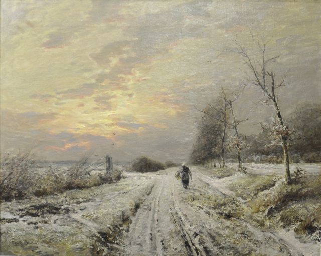 Louis Apol | Winterlandschaft mit Bäuerin auf einem Weg, Öl auf Leinwand, 64,3 x 80,2 cm, Unterzeichnet u.l.