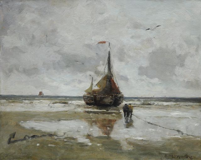 Morgenstjerne Munthe | Fischerboot auf dem Strand bei Ebbe, Öl auf Leinwand, 40,5 x 50,6 cm, Unterzeichnet u.r.