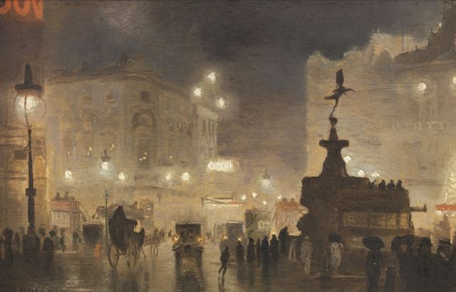 George Hyde-Pownall | Piccadilly Circus by night, Öl auf Malereifaser, 15,0 x 23,2 cm, Unterzeichnet u.L. und verso