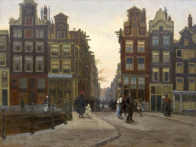 Bobeldijk F.  | Ansicht auf die Wijde Heisteeg, Amsterdam, im Abenddämmerung, Öl auf Leinwand 60,2 x 80,2 cm, Unterzeichnet u.r.